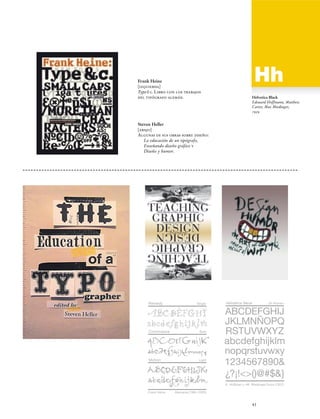 Frank Heine
[izquierda]
Type&c. Libro con los trabajos
del tipógrafo alemán.

Helvetica Black
Edouard Hoffmann, Matthew
Carter, Max Miedinger,
1959

Steven Heller
[abajo]
Algunas de sus obras sobre diseño:
La educación de un tipógrafo,
Enseñando diseño gráfico y
Diseño y humor.

Remedy

Single

Contrivance

55 Roman

Bold

Motion

Helvetica Neue

Ligth

E. Hoffman y vM. Miedinger Suiza (1957)
Frank Heine

Alemania (1964-2003)

43

 