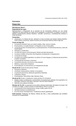 Corresponde al Expediente N°5801-0.381.107/00
13
CONTENIDOS
PRIMER AÑO
HISTORIA DEL ARTE 1
Expectativas de Logro
Reconocimiento y Comprensión de la evolución de los movimientos artísticos con una mirada
integradora de cada sociedad, por medio de la investigación, la observación, el análisis y la crítica de
distintos acontecimientos políticos filosóficos, culturales, económicos y manifestaciones artísticas a
través del tiempo.
Contenidos
• Introducción a la Historia del arte. Ubicación en línea de tiempo del contexto histórico filosófico,
social, artístico y económico, desde el comienzo de los períodos históricos hasta el siglo XXI.
Finales del Siglo XIX
• La revolución Industrial: hacia una moderna estética. Artes, ciencia e industria.
• El pensamiento. La ciudad industrial. La Fotografía y el cine. El arte gráfico.
• La escuela de Paris. El Impresionismo y el postimpresionismo. Procedimientos técnicos y visión del
mundo exterior.
• Simbolismo y modernismo.
• Los años de la guerra y de la post guerra. Difusión del estilo Internacional
• La ruptura cromática: el Fauvismo. De la figuración a la abstracción: el expresionismo
• La escuela de Chicago:
• La ruptura con el espacio geométrico: el cubismo. El nuevo lenguaje. La influencia del arte primitivo
y arcaico. Los istmos
• La búsqueda del movimiento: el futurismo
• La autonomía del color y de la forma: el arte abstracto
• Nihilismo y ruptura total: el dadaísmo
• El arte Abstracto: el constructivismo y el neoplasticismo-De Stijl
Década del 30: El arte de entre guerras: Picasso
• Post guerra: Dadaísmo
• Consciente, Subconsciente y tradición: el surrealismo.
• La autonomía de la forma: abstracción geométrica–Kandinsky
• La Bauhaus: Gropius
• El arte figurativo: Henry Moore. Italia. Alemania. Rusia.
Década del 40: Europa: La abstracción: el arte concreto. El in formalismo.
• Estados Unidos: La abstracción y el biomorfismo. El expresionismo abstracto. De la geometría a la
tecnología: Cientismo y arte óptico. Figuración. Arte Pop. Nuevo Realismo.
• Definición de la estética minimalista
Décadas del 70 y 80: La superación de los medios artísticos tradicionales. Del objeto al concepto. Del
concepto a la imagen. La figura narrativa. El Hiperrealismo. Retorno a la pintura.
• La recuperación de los expresionismos. Europa. Graffiti y gueto. EE.UU.
• Del Neoconceptual a la neoabstracción.
• El mundo actual. Post Modernismo. Transferencia cultural y globalización.
Perfil docente: Profesores de Historia, Historia del Arte, y otros profesionales que acrediten
formación en la especialidad.
 