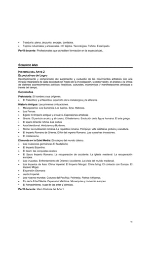 18
• Tejeduría: plana, de punto, encajes, bordados.
• Tejidos industriales y artesanales. NO tejidos. Tecnologías. Teñido. Estampado.
Perfil docente: Profesionales que acrediten formación en la especialidad.
SEGUNDO AÑO
HISTORIA DEL ARTE 2
Expectativas de Logro
Reconocimiento y comprensión del surgimiento y evolución de los movimientos artísticos con una
mirada integradora de cada sociedad por medio de la investigación, la observación, el análisis y la crítica
de distintos acontecimientos políticos filosóficos, culturales, económicos y manifestaciones artísticas a
través del tiempo.
Contenidos
Prehistoria: El hombre y sus orígenes.
• El Paleolítico y el Neolítico. Aparición de la metalúrgica y la alfarería.
Historia Antigua: Las primeras civilizaciones.
• Mesopotamia: Los Sumerios. Los Asirios. Siria. Hebreos.
• Los Persas.
• Egipto: El Imperio antiguo y el nuevo. Expresiones artísticas
• Grecia: El período arcaico y el clásico. El helenismo. Evolución de la figura humana. El arte griego.
• El lejano Oriente: China. Los Celtas
• Asia Meridional: Hinduismo y Budismo.
• Roma: La civilización romana. La república romana. Pompeya: vida cotidiana, pintura y escultura.
• El Imperio Romano de Oriente. El fin del Imperio Romano. Las sucesivas invasiones.
• El cristianismo.
El mundo en la Edad Media: El colapso del mundo clásico.
• Las invasiones germánicas El feudalismo
• El Imperio Bizantino
• El Islam: las conquistas árabes
• El Sacro Imperio Romano. La recuperación de occidente. La iglesia medieval. La recuperación
europea.
• Las cruzadas. Enfrentamiento de Oriente y occidente. La crisis del mundo medieval.
• Los Imperios de Asia: China Imperial. El Imperio Mongol. China Ming. El contacto con Europa. El
Imperio Mogol.
• Expansión Otomana
• Japón Imperial.
• Los Nuevos mundos: Culturas del Pacífico: Polinesia. Reinos Africanos.
• Fin de la Edad Media. Expansión Marítima. Monarquías y comercio europeo.
• El Renacimiento. Auge de las artes y ciencias.
Perfil docente: Idem Historia del Arte 1
 
