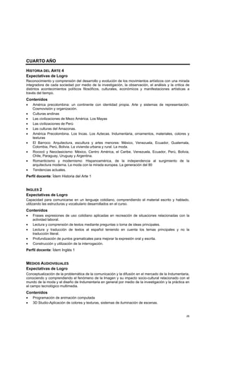 26
CUARTO AÑO
HISTORIA DEL ARTE 4
Expectativas de Logro
Reconocimiento y comprensión del desarrollo y evolución de los movimientos artísticos con una mirada
integradora de cada sociedad por medio de la investigación, la observación, el análisis y la critica de
distintos acontecimientos políticos filosóficos, culturales, económicos y manifestaciones artísticas a
través del tiempo.
Contenidos
• América precolombina: un continente con identidad propia. Arte y sistemas de representación.
Cosmovisión y organización.
• Culturas andinas
• Las civilizaciones de Mezo América. Los Mayas
• Las civilizaciones de Perú
• Las culturas del Amazonas.
• América Precolombina. Los Incas. Los Aztecas. Indumentaria, ornamentos, materiales, colores y
texturas
• El Barroco: Arquitectura, escultura y artes menores: México, Venezuela, Ecuador, Guatemala,
Colombia, Perú, Bolivia. La vivienda urbana y rural. La moda.
• Rococó y Neoclasicismo: México, Centro América, el Caribe, Venezuela, Ecuador, Perú, Bolivia,
Chile, Paraguay, Uruguay y Argentina.
• Romanticismo y modernismo: Hispanoamérica, de la independencia al surgimiento de la
arquitectura moderna. La moda con la mirada europea. La generación del 80
• Tendencias actuales.
Perfil docente: Ídem Historia del Arte 1
INGLES 2
Expectativas de Logro
Capacidad para comunicarse en un lenguaje cotidiano, comprendiendo el material escrito y hablado,
utilizando las estructuras y vocabulario desarrollados en el curso.
Contenidos
• Frases expresiones de uso cotidiano aplicadas en recreación de situaciones relacionadas con la
actividad laboral.
• Lectura y comprensión de textos mediante preguntas o toma de ideas principales.
• Lectura y traducción de textos al español teniendo en cuenta los temas principales y no la
traducción literal.
• Profundización de puntos gramaticales para mejorar la expresión oral y escrita.
• Construcción y utilización de la interrogación.
Perfil docente: Ídem Inglés 1
MEDIOS AUDIOVISUALES
Expectativas de Logro
Conceptualización de la problemática de la comunicación y la difusión en el mercado de la Indumentaria,
conociendo y comprendiendo el fenómeno de la Imagen y su impacto socio-cultural relacionado con el
mundo de la moda y el diseño de Indumentaria en general por medio de la investigación y la práctica en
el campo tecnológico multimedia.
Contenidos
• Programación de animación computada
• 3D Studio-Aplicación de colores y texturas, sistemas de iluminación de escenas.
 