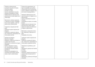 Sistemas de referencias para
la ubicación de puntos en el plano.
Posiciones relativas
de rectas en el plano.
Lectura y representación de puntos
utilizando coordenadas en el plano.
Establecimiento de relaciones de las
posiciones de las rectas respecto de un
sistema dado.
Movimientos: simetrías, traslaciones
y rotaciones en el plano. Propiedades
de los mismos (globales, a partir del
análisis de las construcciones).
Congruencia: congruencia de triángulos.
Justificación usando congruencia de
triángulos.
Clasificación, reproducción descripción, construcción y representación de
formas planas sencillas.
Semejanza de triángulos.
Razones en triángulos.
Ampliación y reducción de formas con
cualquier factor de escala.
Identificación y construcción de figuras
semejantes.
Análisis, interpretación, descripción, representación y resolución
de situaciones utilizando modelos
geométricos.
Utilización de propiedades de los
movimientos para clasificar, generar,
ampliar, reducir y analizar figuras.

Producción de argumentación con
base en propiedades para justificar
construcciones como circunferencias,
círculos, mediatrices, bisectrices usando la noción de lugar geométrico.
Sistemas de referencias para la ubicación de puntos en el espacio y en la
esfera terrestre.
Lectura y representación de puntos
utilizando
coordenadas en el plano y en la esfera
terrestre.
Establecimiento de relaciones de las
posiciones de las rectas y figuras
respecto de sistemas de referencia en
el espacio y esfera terrestre.
Movimientos: composición de simetrías, traslaciones y rotaciones en el
plano.
Propiedades de los ismos.
Justificación usando congruencia de
polígonos.
Clasificación, reproducción descripción, construcción y representación de
formas planas y espaciales sencillas.
Semejanzas de cuadriláteros y polígonos.
Interpretación y aplicación del Teorema
de Thales.
Homotecias.
Ampliación y reducción de formas con
cualquier factor de escala (razón de
homotecia).
Identificación y construcción de figuras
semejantes.

54  |  Diseño Curricular para Educación Secundaria  ·  Matemática

 