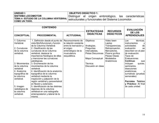 14
UNIDAD I:
SISTEMA LOCOMOTOR
TEMA 4: ESTUDIO DE LA COLUMNA VERTEBRAL
COMO UN TODO.
OBJETIVO DIDÁCTICO 1:
Distinguir el origen embriológico, las características
estructurales y funcionales del Sistema Locomotor.
CONTENIDO
ESTRATEGIAS
DIDÁCTICAS
RECURSOS
DIDÁCTICOS
EVALUACIÓN
DE LOS
APRENDIZAJESCONCEPTUAL PROCEDIMENTAL ACTITUDINAL
1. Columna
Vertebral.
2. Curvaturas
de la columna
vertebral.
3. Movimientos
de la columna
vertebral
4. Anatomía
topográfica de
la columna
vertebral.
5. Imagen
radiológica de
la columna
vertebral.
1. Definición desde el punto de
vista Morfofuncional y función
de la Columna Vertebral.
2. Clasificación de las
curvaturas de la Columna
vertebral, destacar la
importancia fisiológica de ellas
y mencionar las curvaturas
patológicas.
3. Enumeración de los
movimientos de la columna
vertebral.
4. Identificación de la anatomía
topográfica de la columna
vertebral mediante la
inspección y palpación de la
región vertebral y paravertebral
en flexión y extensión.
5. Identificación de las distintas
regiones de la columna
vertebral en una radiografía
anteroposterior y lateral de la
misma.
Reconocimiento de
la relación existente
entre la inervación y
el origen
embriológico de la
musculatura
esquelética.
Objetivos
Analogías,
Preguntas
Intercaladas,
Pistas Discursivas
Mapa Conceptual
Técnica:
Discusión en clase
Video been
Laptop
Transparencias,
Retroproyector,
Marcadores,
Pizarra acrílica
Piezas Óseas
Modelados
Anatómicos
Las técnicas,
instrumentos y
actividades de
evaluación se
describen en el plan
de evaluación.
Tipos de
Evaluaciones:
Continua: que
incluyen quices,
seminarios,
disecciones
anatómicas y
sumativas (pruebas
semanales)
Parciales Teórico
y Práctico: Al final
de cada unidad
 