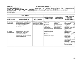 18
UNIDAD I:
SISTEMA LOCOMOTOR
TEMA 6.: MUSCULATURA DEL TRONCO:
CLASIFICACIÓN DE LOS MÚSCULOS
PARIETALES.
OBJETIVO DIDÁCTICO 1:
Distinguir el origen embriológico, las características
estructurales y funcionales del Sistema Locomotor.
CONTENIDO
ESTRATEGIAS
DIDÁCTICAS
RECURSOS
DIDÁCTICOS
EVALUACIÓN
DE LOS
APRENDIZAJESCONCEPTUAL PROCEDIMENTAL ACTITUDINAL
5. Canales
Vertebrales.
6. Fascia
Dorsolumbar.
5. Descripción de los Canales
Vertebrales basándose en:
situación topográfica y
contenido.
6. Descripción del origen,
constitución, situación y
contenido del estuche
osteofibroso que constituye la
fascia dorsolumbar.
Reflexión sobre la
organización de los
músculos parietales.
Objetivos
Analogías,
Preguntas
Intercaladas,
Pistas Discursivas
Mapa Conceptual
Técnica:
Discusión en clase
Video been
Laptop
Transparencias,
Retroproyector,
Marcadores,
Pizarra acrílica
Las técnicas,
instrumentos y
actividades de
evaluación se
describen en el plan
de evaluación.
Tipos de
Evaluaciones:
Continua: que
incluyen quices,
seminarios,
disecciones
anatómicas y
sumativas (pruebas
semanales)
Parciales Teórico
y Práctico: Al final
de cada unidad
 
