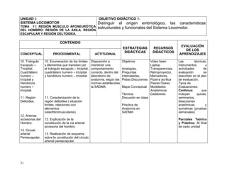 31
UNIDAD I:
SISTEMA LOCOMOTOR
TEMA 11: REGIÓN MÚSCULO APONEURÓTICA
DEL HOMBRO: REGIÓN DE LA AXILA. REGIÓN
ESCAPULAR Y REGIÓN DELTOIDEA.
OBJETIVO DIDÁCTICO 1:
Distinguir el origen embriológico, las características
estructurales y funcionales del Sistema Locomotor.
CONTENIDO
ESTRATEGIAS
DIDÁCTICAS
RECURSOS
DIDÁCTICOS
EVALUACIÓN
DE LOS
APRENDIZAJESCONCEPTUAL PROCEDIMENTAL ACTITUDINAL
10. Triángulo
Escapulo –
Tricipital,
Cuadrilátero
humero –
tricipital y
Hendidura
humero –
tricipital.
11. Región
Deltoidea.
12. Arterias
accesorias del
Hombro.
13. Circulo
arterial
Periescapular.
10. Enumeración de los límites
y elementos que transitan por
el triángulo escapulo – tricipital,
cuadrilátero humero – tricipital
y hendidura humero – tricipital.
11. Caracterización de la
región deltoidea ( situación
límites, relaciones con
elementos
osteofibromusculares).
12. Explicación de la
constitución de la vía arterial
accesoria del hombro.
13. Realización de esquema
sobre la constitución del círculo
arterial periescapular.
Disposición a
mantener una
comportamiento
correcto, dentro del
laboratorio de
anatomía, según las
normas establecidas
la SADMA.
Objetivos
Analogías,
Preguntas
Intercaladas,
Pistas Discursivas
Mapa Conceptual
Técnica:
Discusión en clase
Práctica de
Anatomía en
SADMA
Video been
Laptop
Transparencias,
Retroproyector,
Marcadores,
Pizarra acrílica
Piezas Óseas
Modelados
Anatómicos
Cadáveres
Las técnicas,
instrumentos y
actividades de
evaluación se
describen en el plan
de evaluación.
Tipos de
Evaluaciones:
Continua: que
incluyen quices,
seminarios,
disecciones
anatómicas y
sumativas (pruebas
semanales)
Parciales Teórico
y Práctico: Al final
de cada unidad
 