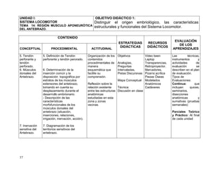 37
UNIDAD I:
SISTEMA LOCOMOTOR
TEMA 14: REGIÓN MUSCULO APONEURÓTICA
DEL ANTEBRAZO.
OBJETIVO DIDÁCTICO 1:
Distinguir el origen embriológico, las características
estructurales y funcionales del Sistema Locomotor.
CONTENIDO
ESTRATEGIAS
DIDÁCTICAS
RECURSOS
DIDÁCTICOS
EVALUACIÓN
DE LOS
APRENDIZAJESCONCEPTUAL PROCEDIMENTAL ACTITUDINAL
5. Tendón
perforante y
tendón
perforado.
6. Músculos
dorsales del
Antebrazo.
7. Inervación
sensitiva del
Antebrazo.
5. Definición de Tendón
perforante y tendón perorado.
6. Determinación de la
inserción común y la
disposición topográfica por
estratos de los músculos
extensores del antebrazo,
tomando en cuenta su
desplazamiento durante el
desarrrollo embrionario.
- Descripción de las
características
morfofuncionales de los
músculos dorsales del
antebrazo (situación,
inserciones, relaciones,
irrigación, inervación, acción).
7. Diagramación de los
territorios sensitivos del
antebrazo.
Organización de los
contenidos
procedimentales de
manera
esquemática que
facilite su
comprensión.
Reflexión sobre la
relación existente
entre las estructuras
anatómicas
estudiadas en esta
zona y zonas
vecinas.
Objetivos
Analogías,
Preguntas
Intercaladas,
Pistas Discursivas
Mapa Conceptual
Técnica:
Discusión en clase
Video been
Laptop
Transparencias,
Retroproyector,
Marcadores,
Pizarra acrílica
Piezas Óseas
Modelados
Anatómicos
Cadáveres
Las técnicas,
instrumentos y
actividades de
evaluación se
describen en el plan
de evaluación.
Tipos de
Evaluaciones:
Continua: que
incluyen quices,
seminarios,
disecciones
anatómicas y
sumativas (pruebas
semanales)
Parciales Teórico
y Práctico: Al final
de cada unidad
 