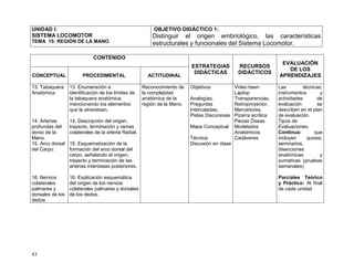 43
UNIDAD I:
SISTEMA LOCOMOTOR
TEMA 15: REGIÓN DE LA MANO.
OBJETIVO DIDÁCTICO 1:
Distinguir el origen embriológico, las características
estructurales y funcionales del Sistema Locomotor.
CONTENIDO
ESTRATEGIAS
DIDÁCTICAS
RECURSOS
DIDÁCTICOS
EVALUACIÓN
DE LOS
APRENDIZAJESCONCEPTUAL PROCEDIMENTAL ACTITUDINAL
13. Tabaquera
Anatómica
14. Arterias
profundas del
dorso de la
Mano.
15. Arco dorsal
del Carpo.
16. Nervios
colaterales
palmares y
dorsales de los
dedos.
13. Enumeración e
identificación de los límites de
la tabaquera anatómica,
mencionando los elementos
que la atraviesan.
14. Descripción del origen,
trayecto, terminación y ramas
colaterales de la arteria Radial.
15. Esquematización de la
formación del arco dorsal del
carpo, señalando el origen,
trayecto y terminación de las
arterias interóseas posteriores.
16. Explicación esquemática
del origen de los nervios
colaterales palmares y dorsales
de los dedos.
Reconocimiento de
la complejidad
anatómica de la
región de la Mano.
Objetivos
Analogías,
Preguntas
Intercaladas,
Pistas Discursivas
Mapa Conceptual
Técnica:
Discusión en clase
Video been
Laptop
Transparencias,
Retroproyector,
Marcadores,
Pizarra acrílica
Piezas Óseas
Modelados
Anatómicos
Cadáveres
Las técnicas,
instrumentos y
actividades de
evaluación se
describen en el plan
de evaluación.
Tipos de
Evaluaciones:
Continua: que
incluyen quices,
seminarios,
disecciones
anatómicas y
sumativas (pruebas
semanales)
Parciales Teórico
y Práctico: Al final
de cada unidad
 