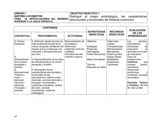 45
UNIDAD I:
SISTEMA LOCOMOTOR
TEMA 16: ARTICULACIONES DEL MIEMBRO
SUPERIOR Y LA JAULA TORÁCICA.
OBJETIVO DIDÁCTICO 1:
Distinguir el origen embriológico, las características
estructurales y funcionales del Sistema Locomotor.
CONTENIDO
ESTRATEGIAS
DIDÁCTICAS
RECURSOS
DIDÁCTICOS
EVALUACIÓN
DE LOS
APRENDIZAJESCONCEPTUAL PROCEDIMENTAL ACTITUDINAL
4. Cintura
Escapular.
5.
Articulaciones
de la cintura
escapular y
hombro.
6.
Articulaciones:
*Esterno –
costo –
clavicular.
*Acromio –
clavicular.
*Escapulo –
humeral.
4. Definición desde el punto de
vista anatomofuncional de la
cintura escapular señalando los
huesos que la constituyen con
músculos y articulaciones que
las unen.
5. Esquematización de los tipos
de articulaciones en la cintura
escapular y hombro.
6. Descripción de las
características estructurales y
funcionales de las
articulaciones: esterno-costo-
clavicular, acromio-clavicular y
escapulo- humeral.(tipo,
superficies articulares, medios
de unión, sinovial,
movimientos, anatomía
radiológica).
Reconocimiento de
la similitud y
diferencias
existentes entre las
múltiples
articulaciones del
miembro superior.
Objetivos
Analogías,
Preguntas
Intercaladas,
Pistas Discursivas
Mapa Conceptual
Técnica:
Discusión en clase
Video been
Laptop
Transparencias,
Retroproyector,
Marcadores,
Pizarra acrílica
Piezas Óseas
Modelados
Anatómicos
Cadáveres
Las técnicas,
instrumentos y
actividades de
evaluación se
describen en el plan
de evaluación.
Tipos de
Evaluaciones:
Continua: que
incluyen quices,
seminarios,
disecciones
anatómicas y
sumativas (pruebas
semanales)
Parciales Teórico
y Práctico: Al final
de cada unidad
 