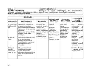67
UNIDAD I:
SISTEMA LOCOMOTOR
TEMA 22: ESQUELETO ÓSEO DEL PIE. REGIÓN
MUSCULO APONEURÓTICA DEL PIE.
OBJETIVO DIDÁCTICO 1:
Distinguir el origen embriológico, las características
estructurales y funcionales del Sistema Locomotor.
CONTENIDO
ESTRATEGIAS
DIDÁCTICAS
RECURSOS
DIDÁCTICOS
EVALUACIÓN
DE LOS
APRENDIZAJESCONCEPTUAL PROCEDIMENTAL ACTITUDINAL
7. Aponeurosis
del Dorso del
Pie.
8. Músculo
Pedio.
9. Paquete
vasculo-
nervioso del
dorso del pie.
7. Exposición ilustrativa del
comportamiento de las
Aponeurosis del Dorso del Pie.
-Aponeurosis dorsal superficial:
inserciones.
-Aponeurosis dorsal profunda:
situación, hojillas que la
constituyen.
8. Descripción e Identificación
de las características
morfológicas del músculo
Pedio (situación, inserciones,
relaciones, irrigación e
inervación)
9. Esquematización del
comportamiento (origen,
trayecto, terminación,
relaciones y distribución) de la
arteria Pedia y Nervio tibial
anterior.
Valoración del
estudio de la región
Terminal del
miembro inferior
para la comprensión
del inicio del retorno
venoso y
terminación de
arterias y nervios.
Objetivos
Analogías,
Preguntas
Intercaladas,
Pistas Discursivas
Mapa Conceptual
Técnica:
Discusión en clase
Video been
Laptop
Transparencias,
Retroproyector,
Marcadores,
Pizarra acrílica
Piezas Óseas
Modelados
Anatómicos
Cadáveres
Las técnicas,
instrumentos y
actividades de
evaluación se
describen en el plan
de evaluación.
Tipos de
Evaluaciones:
Continua: que
incluyen quices,
seminarios,
disecciones
anatómicas y
sumativas (pruebas
semanales)
Parciales Teórico
y Práctico: Al final
de cada unidad
 