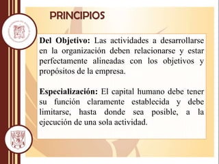PRINCIPIOS
Del Objetivo: Las actividades a desarrollarse
en la organización deben relacionarse y estar
perfectamente alineadas con los objetivos y
propósitos de la empresa.
Especialización: El capital humano debe tener
su función claramente establecida y debe
limitarse, hasta donde sea posible, a la
ejecución de una sola actividad.
 
