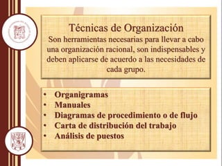 Técnicas de Organización
Son herramientas necesarias para llevar a cabo
una organización racional, son indispensables y
deben aplicarse de acuerdo a las necesidades de
cada grupo.
• Organigramas
• Manuales
• Diagramas de procedimiento o de flujo
• Carta de distribución del trabajo
• Análisis de puestos
 