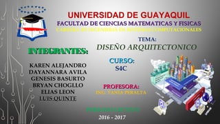 UNIVERSIDAD DE GUAYAQUIL
FACULTAD DE CIENCIAS MATEMATICAS Y FISICASFACULTAD DE CIENCIAS MATEMATICAS Y FISICAS
CARRERA DE INGENIERIA EN SISTEMAS COMPUTACIONALES
INTEGRANTES:INTEGRANTES:
KAREN ALEJANDRO
DAYANNARA AVILA
GENESIS BASURTO
BRYAN CHOGLLO
ELIAS LEON
LUIS QUINTELUIS QUINTE
TEMA:
DISEÑO ARQUITECTONICO
 CURSO:CURSO:
S4C
 
PROFESORA:PROFESORA:
ING. TANIA PERALTA
PERIODO LECTIVO
2016 - 2017
 