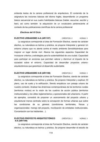 114
entienda textos de la carrera profesional de arquitectura. El contenido de la
asignatura las nociones básicas del idioma Inglés, desarrollando un programa
básico secuencial en sus cuatro habilidades básicas (hablar, escuchar, escribir y
leer), así como también la adquisición de un vocabulario perteneciente al
contexto de las publicaciones científicas de la carrera profesional
Electivos del VI Ciclo
ELECTIVO URBANISMO 4-A (AR1107) CRÉDITOS: 2 HORAS: 3
La asignatura corresponde al área de Formación Electiva, siendo de carácter
electivo, su naturaleza es teórica y práctica, se propone Interpretar y generar Un
entorno urbano que no atente contra el medio ambiente Sensibilizándose para
mejorar un lugar donde vivir. Abarca los siguientes aspectos Capacidad de
incorporar criterios y estrategias para la sustentabilidad de una ciudad. Capacidad
para participar en acciones que permitan valorar y disminuir el impacto de la
sociedad sobre el entorno. Capacidad de desarrollar proyectos urbano-
arquitectónicos que garanticen el desarrollo sustentable.
ELECTIVO URBANISMO 4-B (AR1108) CRÉDITOS: 2 HORAS: 3
La asignatura corresponde al área de Formación Electiva, siendo de carácter
electivo, su naturaleza es teórica y práctica. Se propone Interpretar y explicar; El
plano, uso de suelo y la edificación, Siendo empáticos con paisaje urbano de
nuestro contexto. Analizar las dinámicas contemporáneas de los territorios rurales
(territorios vividos) en la visión de los cuadros de acción pública (territorios
institucionales) y los útiles reglamentarios y operacionales del urbanismo. A partir
de ejemplos, consistirá de proponer un acercamiento del proyecto urbano y
arquitectural menos centrada sobre la concepción de formas urbanas que sobre
las condiciones de su génesis (condiciones territoriales, físicas y
organizacionales: manejo del proyecto, movilización de entidades institucionales.
Concertación con los habitantes…).
ELECTIVO PROYECTO ARQUITECTÓNICO CRÉDITOS: 2 HORAS: 3
4-A (AR1109)
La asignatura corresponde al área de Formación Electiva, siendo de carácter
electivo, su naturaleza es teórica y práctica. Se propone desarrollar el estudio de
 