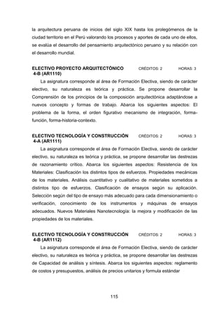 115
la arquitectura peruana de inicios del siglo XIX hasta los prolegómenos de la
ciudad territorio en el Perú valorando los procesos y aportes de cada uno de ellos,
se evalúa el desarrollo del pensamiento arquitectónico peruano y su relación con
el desarrollo mundial.
ELECTIVO PROYECTO ARQUITECTÓNICO CRÉDITOS: 2 HORAS: 3
4-B (AR1110)
La asignatura corresponde al área de Formación Electiva, siendo de carácter
electivo, su naturaleza es teórica y práctica. Se propone desarrollar la
Comprensión de los principios de la composición arquitectónica adaptándose a
nuevos concepto y formas de trabajo. Abarca los siguientes aspectos: El
problema de la forma, el orden figurativo mecanismo de integración, forma-
función, forma-historia-contexto.
ELECTIVO TECNOLOGÍA Y CONSTRUCCIÓN CRÉDITOS: 2 HORAS: 3
4-A (AR1111)
La asignatura corresponde el área de Formación Electiva, siendo de carácter
electivo, su naturaleza es teórica y práctica, se propone desarrollar las destrezas
de razonamiento crítico. Abarca los siguientes aspectos: Resistencia de los
Materiales: Clasificación los distintos tipos de esfuerzos. Propiedades mecánicas
de los materiales. Análisis cuantitativo y cualitativo de materiales sometidos a
distintos tipo de esfuerzos. Clasificación de ensayos según su aplicación.
Selección según del tipo de ensayo más adecuado para cada dimensionamiento o
verificación, conocimiento de los instrumentos y máquinas de ensayos
adecuados. Nuevos Materiales Nanotecnología: la mejora y modificación de las
propiedades de los materiales.
ELECTIVO TECNOLOGÍA Y CONSTRUCCIÓN CRÉDITOS: 2 HORAS: 3
4-B (AR1112)
La asignatura corresponde el área de Formación Electiva, siendo de carácter
electivo, su naturaleza es teórica y práctica, se propone desarrollar las destrezas
de Capacidad de análisis y síntesis. Abarca los siguientes aspectos: reglamento
de costos y presupuestos, análisis de precios unitarios y formula estándar
 
