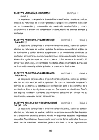 118
ELECTIVO URBANISMO 5-B (AR1114) CRÉDITOS: 2
HORAS: 3
La asignatura corresponde al área de Formación Electiva, siendo de carácter
electivo, su naturaleza es teórica y práctica; se propone desarrollar la evaluación
de la conservación y restauración del patrimonio arquitectónico y urbano
adaptándose al trabajo de conservación y restauración de distintos tiempos y
contextos.
ELECTIVO PROYECTO ARQUITECTÓNICO CRÉDITOS: 2 HORAS: 3
5-A (AR1115)
La asignatura corresponde al área de Formación Electiva, siendo de carácter
electivo, su naturaleza es teórica y práctica Se propone desarrollar el análisis de
la iluminación y confort térmico adaptándose a las condiciones climáticas de
contexto y aprovechando los recursos disponibles para una adecuada iluminación.
Abarca los siguientes aspectos: Introducción al confort térmico e iluminación. El
clima y sus elementos, problemáticas mundiales, efecto invernadero. Estrategias
de iluminación natural y artificial y diseño de proyecto de iluminación.
ELECTIVO PROYECTO ARQUITECTÓNICO CRÉDITOS: 2 HORAS: 3
5-B (AR1116)
La asignatura corresponde al área de Formación Electiva, siendo de carácter
electivo, su naturaleza es teórica y práctica. Se propone desarrollar la aplicación
correcta de las técnicas y estrategias de composición para el diseño formal de la
arquitectura Abarca los siguientes aspectos: Precedente arquitectónico, Diseño
del espacio habitable, Elemento arquitectónico estudiado en función de su
construcción, propósito, forma y dimensiones.
ELECTIVO TECNOLOGÍA Y CONSTRUCCIÓN CRÉDITOS: 2 HORAS: 3
5-A (AR1117)
La asignatura corresponde el área de Formación Electiva, siendo de carácter
electivo, su naturaleza es teórica y práctica, se propone desarrollar las destrezas
de Capacidad de análisis y síntesis. Abarca los siguientes aspectos: Propiedades
generales, Normalización, Conocimiento experimental de los materiales: Ensayo y
selección de materiales. Materiales pétreos naturales – rocas, aglomerantes,
 