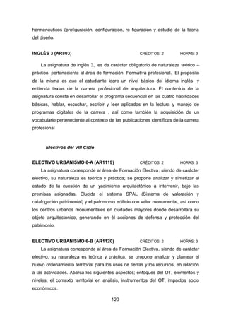 120
hermenéuticos (prefiguración, configuración, re figuración y estudio de la teoría
del diseño.
INGLÉS 3 (AR803) CRÉDITOS: 2 HORAS: 3
La asignatura de inglés 3, es de carácter obligatorio de naturaleza teórico –
práctico, perteneciente al área de formación Formativa profesional. El propósito
de la misma es que el estudiante logre un nivel básico del idioma inglés y
entienda textos de la carrera profesional de arquitectura. El contenido de la
asignatura consta en desarrollar el programa secuencial en las cuatro habilidades
básicas, hablar, escuchar, escribir y leer aplicados en la lectura y manejo de
programas digitales de la carrera , así como también la adquisición de un
vocabulario perteneciente al contexto de las publicaciones científicas de la carrera
profesional
Electivos del VIII Ciclo
ELECTIVO URBANISMO 6-A (AR1119) CRÉDITOS: 2 HORAS: 3
La asignatura corresponde al área de Formación Electiva, siendo de carácter
electivo, su naturaleza es teórica y práctica; se propone analizar y sintetizar el
estado de la cuestión de un yacimiento arquitectónico a intervenir, bajo las
premisas asignadas. Elucida el sistema SPAL (Sistema de valoración y
catalogación patrimonial) y el patrimonio edilicio con valor monumental, así como
los centros urbanos monumentales en ciudades mayores donde desarrollara su
objeto arquitectónico, generando en él acciones de defensa y protección del
patrimonio.
ELECTIVO URBANISMO 6-B (AR1120) CRÉDITOS: 2 HORAS: 3
La asignatura corresponde al área de Formación Electiva, siendo de carácter
electivo, su naturaleza es teórica y práctica; se propone analizar y plantear el
nuevo ordenamiento territorial para los usos de tierras y los recursos, en relación
a las actividades. Abarca los siguientes aspectos; enfoques del OT, elementos y
niveles, el contexto territorial en análisis, instrumentos del OT, impactos socio
económicos.
 