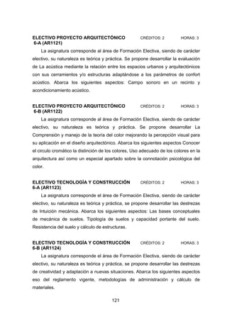 121
ELECTIVO PROYECTO ARQUITECTÓNICO CRÉDITOS: 2 HORAS: 3
6-A (AR1121)
La asignatura corresponde al área de Formación Electiva, siendo de carácter
electivo, su naturaleza es teórica y práctica. Se propone desarrollar la evaluación
de La acústica mediante la relación entre los espacios urbanos y arquitectónicos
con sus cerramientos y/o estructuras adaptándose a los parámetros de confort
acústico. Abarca los siguientes aspectos: Campo sonoro en un recinto y
acondicionamiento acústico.
ELECTIVO PROYECTO ARQUITECTÓNICO CRÉDITOS: 2 HORAS: 3
6-B (AR1122)
La asignatura corresponde al área de Formación Electiva, siendo de carácter
electivo, su naturaleza es teórica y práctica. Se propone desarrollar La
Comprensión y manejo de la teoría del color mejorando la percepción visual para
su aplicación en el diseño arquitectónico. Abarca los siguientes aspectos Conocer
el circulo cromático la distinción de los colores, Uso adecuado de los colores en la
arquitectura así como un especial apartado sobre la connotación psicológica del
color.
ELECTIVO TECNOLOGÍA Y CONSTRUCCIÓN CRÉDITOS: 2 HORAS: 3
6-A (AR1123)
La asignatura corresponde el área de Formación Electiva, siendo de carácter
electivo, su naturaleza es teórica y práctica, se propone desarrollar las destrezas
de Intuición mecánica. Abarca los siguientes aspectos: Las bases conceptuales
de mecánica de suelos. Tipología de suelos y capacidad portante del suelo.
Resistencia del suelo y cálculo de estructuras.
ELECTIVO TECNOLOGÍA Y CONSTRUCCIÓN CRÉDITOS: 2 HORAS: 3
6-B (AR1124)
La asignatura corresponde el área de Formación Electiva, siendo de carácter
electivo, su naturaleza es teórica y práctica, se propone desarrollar las destrezas
de creatividad y adaptación a nuevas situaciones. Abarca los siguientes aspectos
eso del reglamento vigente, metodologías de administración y cálculo de
materiales.
 