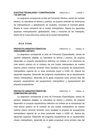 125
ELECTIVO TECNOLOGÍA Y CONSTRUCCIÓN CRÉDITOS: 2 HORAS: 3
7-B (AR1130)
La asignatura corresponde al área de Formación Electiva, siendo de carácter
electivo, su naturaleza es teórica y práctica; se propone entender los fenómenos
de metropolización y globalización de ciudades, vinculada al mercado global.
Diseña la nueva estructura de la ciudad metropolitana. Abarca los siguientes
aspectos; metropolización, globalización, roles y funciones de las metrópolis,
diseño de la nueva estructura urbana de la ciudad metropolitana.
10.2.8. X Ciclo
PROYECTO ARQUITECTÓNICO 8A: CRÉDITOS: 12 HORAS: 18
URBANISMO (AR1001)
La asignatura corresponde al área de Formación Especializada, siendo de
carácter obligatorio elegible, su naturaleza es teórica y práctica. Se propone
desarrollar un proyecto arquitectónico definitivo con énfasis en el urbanismo de
nivel teórico práctico en el contexto de una ciudad metropolitana de nuestro
sistema urbano nacional, teniendo como resultado el proyecto de equipamiento
metropolitano regional de un área construida mayor a 5,000 m2. Abarca los
siguientes aspectos: Desarrollo del programa arquitectónico de un equipamiento
urbano metropolitano, desarrollo de la gesta proyectual como primera idea del
proyecto arquitectónico del equipamiento metropolitano y representación del
proyecto arquitectónico.
PROYECTO ARQUITECTÓNICO 8B: CRÉDITOS: 12 HORAS: 18
COMPOSICIÓN (AR1002)
La asignatura corresponde al área de Formación Especializada, siendo de
carácter obligatorio elegible, su naturaleza es teórica y práctica. Se propone
desarrollar un proyecto arquitectónico definitivo con énfasis en la composición de
nivel teórico práctico en el contexto de una ciudad metropolitana de nuestro
sistema urbano nacional, teniendo como resultado el proyecto de equipamiento
metropolitano regional de un área construida mayor a 5,000 m2. Abarca los
siguientes aspectos: Desarrollo del programa arquitectónico de un equipamiento
urbano metropolitano, desarrollo de la gesta proyectual como primera idea del
 