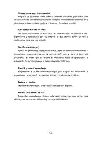 135
Flipped classroom (Aula invertida)
Asignar a los estudiantes textos, videos o contenidos adicionales para revisar fuera
de clase. En este caso el tiempo en el aula no implica necesariamente un cambio en la
dinámica de la clase, por tanto puede o no llevar a un Aprendizaje invertido
Aprendizaje basado en retos
Involucrar activamente al estudiante en una situación problemática real,
significativa y relacionada con su entorno, lo que implica definir un reto e
implementar para éste una solución
Gamificación (juegos)
Aplicar los principios y las técnicas de los juegos al proceso de enseñanza –
aprendizaje, aprovechándose así la predisposición natural hacia el juego del
estudiante, de modo que se mejore la motivación hacia el aprendizaje, la
adquisición de conocimientos o el desarrollo de competencias
Coaching para el aprendizaje
Proporcionar a los estudiantes estrategias para mejorar las habilidades de
aprendizaje, comunicación, motivación, liderazgo y solución de conflictos.
Trabajo en equipo
Impulsar la cooperación, colaboración e integración de pares.
Método científico en el aula
Desarrollar aprendizajes cíclicos inductivos- deductivos, que sirvan para
contraponer hechos con conceptos y conceptos con hechos
 