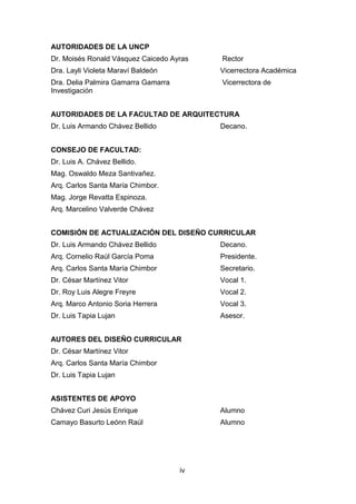 iv
AUTORIDADES DE LA UNCP
Dr. Moisés Ronald Vásquez Caicedo Ayras Rector
Dra. Layli Violeta Maraví Baldeón Vicerrectora Académica
Dra. Delia Palmira Gamarra Gamarra Vicerrectora de
Investigación
AUTORIDADES DE LA FACULTAD DE ARQUITECTURA
Dr. Luis Armando Chávez Bellido Decano.
CONSEJO DE FACULTAD:
Dr. Luis A. Chávez Bellido.
Mag. Oswaldo Meza Santivañez.
Arq. Carlos Santa María Chimbor.
Mag. Jorge Revatta Espinoza.
Arq. Marcelino Valverde Chávez
COMISIÓN DE ACTUALIZACIÓN DEL DISEÑO CURRICULAR
Dr. Luis Armando Chávez Bellido Decano.
Arq. Cornelio Raúl García Poma Presidente.
Arq. Carlos Santa María Chimbor Secretario.
Dr. César Martínez Vitor Vocal 1.
Dr. Roy Luis Alegre Freyre Vocal 2.
Arq. Marco Antonio Soria Herrera Vocal 3.
Dr. Luis Tapia Lujan Asesor.
AUTORES DEL DISEÑO CURRICULAR
Dr. César Martínez Vitor
Arq. Carlos Santa María Chimbor
Dr. Luis Tapia Lujan
ASISTENTES DE APOYO
Chávez Curi Jesús Enrique Alumno
Camayo Basurto Leónn Raúl Alumno
 