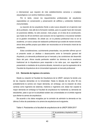 40
e internacional, que requiere de más establecimientos cercanos a complejos
arqueológicos o en centros históricos urbanos.
Por lo tanto, crecen los requerimientos profesionales de arquitectos
especialistas en conservación y preservación de edificios y ambientes históricos
monumentales.
La reacción de los arquitectos frente a esta nueva situación en el ejercicio real
de la profesión, más allá de la formación recibida, para no quedar fuera del mercado
en posiciones débiles, ha sido avanzar, motu propio, en el área de la construcción,
que hasta los 80 era territorio casi exclusivo de los ingenieros e incursionar también
en la gestión inmobiliaria. Se añade así, en la práctica profesional mas no en la
academia, un nuevo campo de realización profesional que existió de manera larvaria,
ahora tiene perfiles propios que deben ser reconocidos en la formación inicial de los
arquitectos.
Estas consideraciones, sucintamente presentadas, nos permiten afirmar que en
el presente existe un desfase o desencuentro entre la formación general del
Arquitecto y la demanda profesional que el mercado y las condiciones del desarrollo
físico del país. Ahora resulta pertinente redefinir los términos de la enseñanza
tradicional de la Arquitectura para responder a los retos que, con seguridad se
presentarán a mediados de la próxima década, momento en que los egresados de la
Facultad de Arquitectura de la Universidad ingresarán al mercado profesional.
2.3. Demanda de ingreso a la carrera.
Desde su creación la Facultad de Arquitectura de la UNCP, siempre ha tenido una
de las mayores demandas en la Universidad. Hasta la década de los años 90 era
probablemente la carrera con mayor demanda, sin embargo, con la creación de otras
carreras como ingeniería de sistemas, medicina e ingeniería civil, éstas han copada la
mayor demanda sin embargo la Facultad de arquitectura ha mantenido su demanda de
estudiantes, pese a que en la actualidad existen dos universidades en el ámbito regional
que ofertan la carrera de arquitectura.
De acuerdo a los datos recogidos por la comisión de admisión la demanda en los
últimos 5 años de postulantes a la carrera de arquitectura es la siguiente:
Tabla 4. Postulantes a la facultad de arquitectura de la UNCP 2009-2017
Año N° de postulantes a Arquitectura UNCP.
1 2009 595
2 2010 572
 