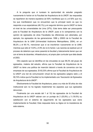 50
A la pregunta que si tuviesen la oportunidad de estudiar pregrado
nuevamente lo harían en la Facultad de Arquitectura de la UNCP, las respuestas
se repartieron de manera equitativa (el 50% manifiesta que sí y el 50% que no),
los que manifestaron que no encuentran que la principal razón es que no
responde a sus expectativas (48,1%) y en segundo término que la UNCP no tiene
el nivel de las universidades de Lima (37%). Este tema debe ser preocupante
para la Facultad de Arquitectura de la UNCP, pues si lo comparamos con la
opinión de egresados de otras Facultades las diferencias son abismales, por
ejemplo, los egresados de las generaciones 1998 y 20003 de la Facultad de
Arquitectura de la UAM (UnIversidad Autónoma Metropolitana, 2004), en un
86.2% y el 95.1%, mencionan que sí se inscribirían nuevamente en la UAM,
mientras que sólo el 13.8% y 4.9% de no lo harían. Las razones se explican por el
proceso de deterioro que viene pasando la facultad y básicamente tienen que ver
con el tema de docentes, infraestructura y el propio plan curricular que data desde
el 2003.
Otro aspecto que se identifica en las encuestas es que 96,3% del grupo de
egresados, materia del estudio, afirma que la Facultad de Arquitectura de la
UNCP no tiene una política de inserción laboral a través de convenios con las
empresas de sus egresados. El 83,33% afirma que la Facultad de Arquitectura de
la UNCP una red de comunicación virtual de los egresados (página web) y el
90,74% indica que la Facultad no ha implementado una “Asociación de Egresados
de Arquitectura de la UNCP”.
Efectivamente la Facultad de Arquitectura, pese a su más de 50 años de vida
institucional aún no ha logrado implementar los aspectos que sus egresados
denuncian.
Finalmente (en una escala del 1 al 10) los egresados de la Facultad de
Arquitectura de la UNCP valoran con un puntaje de 2 (25,9%) y 3 (18.5%) su
satisfacción con el sistema de seguimiento de los egresados que viene
implementando la Facultad. Esta respuesta tiene su lógica en la inexistencia de
este sistema.
 