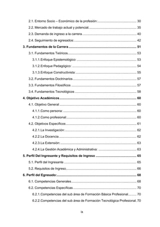 ix
2.1. Entorno Socio – Económico de la profesión:........................................... 30
2.2. Mercado de trabajo actual y potencial..................................................... 35
2.3. Demanda de ingreso a la carrera............................................................ 40
2.4. Seguimiento de egresados:..................................................................... 42
3. Fundamentos de la Carrera........................................................................... 51
3.1. Fundamentos Teóricos............................................................................ 53
3.1.1.Enfoque Epistemológico: .................................................................. 53
3.1.2.Enfoque Pedagógico: ....................................................................... 54
3.1.3.Enfoque Constructivista:................................................................... 55
3.2. Fundamentos Doctrinarios ...................................................................... 57
3.3. Fundamentos Filosóficos ........................................................................ 57
3.4. Fundamentos Tecnológicos .................................................................... 58
4. Objetivo Académicos..................................................................................... 60
4.1. Objetivo General ..................................................................................... 60
4.1.1.Como persona: ................................................................................. 60
4.1.2.Como profesional:............................................................................. 60
4.2. Objetivos Específicos.............................................................................. 61
4.2.1.La Investigación:............................................................................... 62
4.2.2.La Docencia...................................................................................... 62
4.2.3.La Extensión:.................................................................................... 63
4.2.4.La Gestión Académica y Administrativa: .......................................... 63
5. Perfil Del Ingresante y Requisitos de Ingreso ............................................. 65
5.1. Perfil del Ingresante ................................................................................ 65
5.2. Requisitos de Ingreso.............................................................................. 66
6. Perfil del Egresado:........................................................................................ 68
6.1. Competencias Generales........................................................................ 68
6.2. Competencias Específicas...................................................................... 70
6.2.1.Competencias del sub área de Formación Básica Profesional......... 70
6.2.2.Competencias del sub área de Formación Tecnológica Profesional. 70
 
