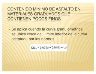 CONTENIDO MÍNIMO DE ASFALTO EN
MATERIALES GRADUADOS QUE
CONTIENEN POCOS FINOS
´ Se aplica cuando la curva granulométrica
se ubica cerca del limite inferior de la curva
aceptada por las normas.
 