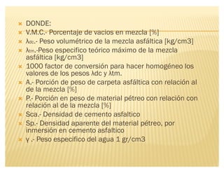 ´ DONDE:
´ V.M.C.- Porcentaje de vacios en mezcla [%]
´ ƪdc.- Peso volumétrico de la mezcla asfáltica [kg/cm3]
´ ƪtm.-Peso especifico teórico máximo de la mezcla
asfáltica [kg/cm3]
´ 1000 factor de conversión para hacer homogéneo los
valores de los pesos ƪdc y ƪtm.
´ A.- Porción de peso de carpeta asfáltica con relación al
de la mezcla [%]
´ P.- Porción en peso de material pétreo con relación con
relación al de la mezcla [%]
´ Sca.- Densidad de cemento asfaltico
´ Sp.- Densidad aparente del material pétreo, por
inmersión en cemento asfaltico
´ Ƣ .- Peso especifico del agua 1 gr/cm3
 