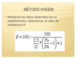 MÉTODO HVEEM
´ Mediante los datos obtenidos con el
estabilómetro, obtenemos el valor de
resistencia R
 