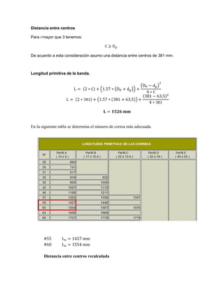 Distancia entre centros
Para i mayor que 3 tenemos:
De acuerdo a esta consideración asumo una distancia entre centros de 381 mm.
Longitud primitiva de la banda.
( ( ))
( )
( )
En la siguiente tabla se determina el número de correa más adecuada.
Distancia entre centros recalculada
 