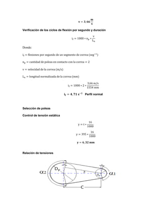Verificación de los ciclos de flexión por segundo y duración
Donde:
Perfil normal
Selección de poleas
Control de tensión estática
Relación de tensiones
 