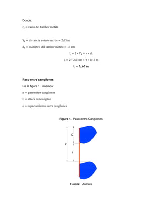 Donde:
Paso entre cangilones
De la figura 1. tenemos:
Figura 1. Paso entre Cangilones
Fuente: Autores
p
C
e
 