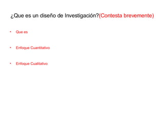 ¿Que es un diseño de Investigación ? (Contesta brevemente) Que es Enfoque Cuantitativo Enfoque Cualitativo 