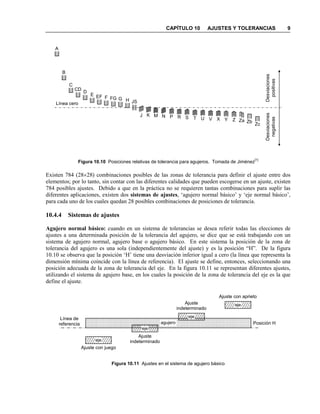 CAPÍTULO 10 AJUSTES Y TOLERANCIAS 5
Figura 10.5 Las dos piezas de un ajuste pueden tener superficies eje y superficies agujero
Juego (Ju): es la diferencia entre la medida del agujero y la del eje (de un ajuste), cuando la medida del
eje es menor que la del agujero.
Juego mínimo (Jumín): es la diferencia entre la medida mínima admisible del agujero y la máxima
admisible del eje (figura 10.6.a).
Juego máximo (Jumáx): es la diferencia entre la medida máxima admisible del agujero y la mínima
admisible del eje (figura 10.6.a).
Aprieto (Apr): es la diferencia entre la medida del agujero y la del eje (de un ajuste), cuando la medida del
eje es mayor que la del agujero. Al acoplar el eje al agujero ha de absorberse una interferencia. Al
aprieto se le denomina también juego negativo.
Aprieto máximo (Aprmáx): es la diferencia entre la medida máxima admisible del eje y la mínima
admisible del agujero (figura 10.6.b).
Aprieto mínimo (Aprmín): es la diferencia entre la medida mínima admisible del eje y la máxima
admisible del agujero (figura 10.6.b).
Figura 10.6 Juego y aprieto en un ajuste
Ajuste móvil o con juego: es el que siempre presenta juego (holgura) (figura 10.6.a).
Ajuste fijo o con aprieto: es el que siempre presenta aprieto (interferencia) (figura 10.6.b).
Existen dos ajustes, 1 y 2, de las caras
laterales de los elementos. Algunas
caras de la pieza inferior son el agujero
del ajuste 1 (indicadas con la letra a1),
mientras que algunas son el eje del ajuste
2 (indicadas con la letra e2). Algo similar
ocurre con la pieza superior
a1 a1
e2
e1
e2 a2
e1
a2
1
2
(a) Ajuste con juego (b) Ajuste con aprieto
Aprmín Aprmáx
Jumín
Jumáx
 