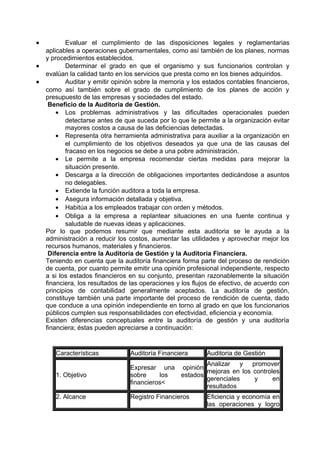 • Evaluar el cumplimiento de las disposiciones legales y reglamentarias
aplicables a operaciones gubernamentales, como así también de los planes, normas
y procedimientos establecidos.
• Determinar el grado en que el organismo y sus funcionarios controlan y
evalúan la calidad tanto en los servicios que presta como en los bienes adquiridos.
• Auditar y emitir opinión sobre la memoria y los estados contables financieros,
como así también sobre el grado de cumplimiento de los planes de acción y
presupuesto de las empresas y sociedades del estado.
Beneficio de la Auditoria de Gestión.
• Los problemas administrativos y las dificultades operacionales pueden
detectarse antes de que suceda por lo que le permite a la organización evitar
mayores costos a causa de las deficiencias detectadas.
• Representa otra herramienta administrativa para auxiliar a la organización en
el cumplimiento de los objetivos deseados ya que una de las causas del
fracaso en los negocios se debe a una pobre administración.
• Le permite a la empresa recomendar ciertas medidas para mejorar la
situación presente.
• Descarga a la dirección de obligaciones importantes dedicándose a asuntos
no delegables.
• Extiende la función auditora a toda la empresa.
• Asegura información detallada y objetiva.
• Habitúa a los empleados trabajar con orden y métodos.
• Obliga a la empresa a replantear situaciones en una fuente continua y
saludable de nuevas ideas y aplicaciones.
Por lo que podemos resumir que mediante esta auditoria se le ayuda a la
administración a reducir los costos, aumentar las utilidades y aprovechar mejor los
recursos humanos, materiales y financieros.
Diferencia entre la Auditoria de Gestión y la Auditoria Financiera.
Teniendo en cuenta que la auditoría financiera forma parte del proceso de rendición
de cuenta, por cuanto permite emitir una opinión profesional independiente, respecto
a si los estados financieros en su conjunto, presentan razonablemente la situación
financiera, los resultados de las operaciones y los flujos de efectivo, de acuerdo con
principios de contabilidad generalmente aceptados. La auditoría de gestión,
constituye también una parte importante del proceso de rendición de cuenta, dado
que conduce a una opinión independiente en torno al grado en que los funcionarios
públicos cumplen sus responsabilidades con efectividad, eficiencia y economía.
Existen diferencias conceptuales entre la auditoría de gestión y una auditoría
financiera; éstas pueden apreciarse a continuación:
Características Auditoría Financiera Auditoria de Gestión
1. Objetivo
Expresar una opinión
sobre los estados
financieros<
Analizar y promover
mejoras en los controles
gerenciales y en
resultados
2. Alcance Registro Financieros Eficiencia y economía en
las operaciones y logro
 