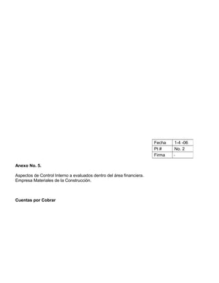Anexo No. 5.
Aspectos de Control Interno a evaluados dentro del área financiera.
Empresa Materiales de la Construcción.
Cuentas por Cobrar
Fecha 1-4 -06
Pt # No. 2
Firma
 