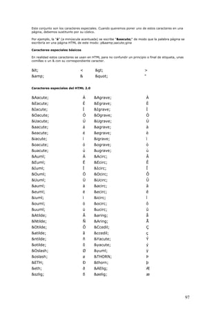 Este conjunto son los caracteres especiales. Cuando queremos poner uno de estos caracteres en una
página, debemos sustituirlo por su códico.
Por ejemplo, la "á" (a minúscula acentuada) se escribe "&aacute;" de modo que la palabra página se
escribiría en una página HTML de este modo: p&aamp;aacute;gina
Caracteres especiales básicos
En realidad estos caracteres se usan en HTML para no confundir un principio o final de etiqueta, unas
comillas o un & con su correspondiente caracter.
< < > >
&amp; & " "
Caracteres especiales del HTML 2.0
&Aacute; Á &Agrave; À
&Eacute; É &Egrave; È
&Iacute; Í &Igrave; Ì
&Oacute; Ó &Ograve; Ò
&Uacute; Ú &Ugrave; Ù
&aacute; á &agrave; à
&eacute; é &egrave; è
&iacute; í &igrave; ì
&oacute; ó &ograve; ò
&uacute; ú &ugrave; ù
&Auml; Ä &Acirc; Â
&Euml; Ë &Ecirc; Ê
&Iuml; Ï &Icirc; Î
&Ouml; Ö &Ocirc; Ô
&Uuml; Ü &Ucirc; Û
&auml; ä &acirc; â
&euml; ë &ecirc; ê
&iuml; ï &icirc; î
&ouml; ö &ocirc; ô
&uuml; ü &ucirc; û
&Atilde; Ã &aring; å
&Ntilde; Ñ &Aring; Å
&Otilde; Õ &Ccedil; Ç
&atilde; ã &ccedil; ç
&ntilde; ñ &Yacute; Ý
&otilde; õ &yacute; ý
&Oslash; Ø &yuml; ÿ
&oslash; ø &THORN; Þ
&ETH; Ð &thorn; þ
&eth; ð &AElig; Æ
&szlig; ß &aelig; æ
97
 