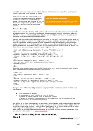 una tabla como esta sobre un fondo distinto al blanco deberíamos crear unos gráficos que tengan el
mismo color que el fondo, en lugar de blanco.
Lo bueno de que el otro color utilizado en la
imagen sea transparente es que la tabla que
creamos puede tener el color de fondo que se
desee. Esta otra tabla -a la derecha- se crea con
las mismas imágenes del ejemplo y, como se
puede ver, tiene otro color de fondo que la
anterior.
Creación de la tabla
Ahora vamos a estudiar el código HTML que hace falta para crear esta tabla con esquinas redondeadas.
Probablemente con otro código HTML más simple también se podría construir, pero hemos preferido
añadirle un pequeño exceso de atributos y etiquetas que servirá para estar seguros de que se puede
visualizar correctamente en todos los navegadores.
La tabla que utilizamos contiene varias celdas dispuestas en tres filas y tres columnas. En las celdas de
las esquinas es donde colocamos las imágenes que hacen que los bordes aparezcan redondeados. En el
resto de celdas de la tabla que forman el borde, para asegurarnos de que tienen el tamaño correcto,
colocamos imágenes de un píxel transparente con sus correspondientes atributos de anchura y altura
modificados a lo que necesitamos. En la celda del centro es donde colocamos el cuerpo de la tabla, con
todo el texto que queremos que vaya dentro, sus imágenes, etc.
<table width=300 cellspacing=0 cellpadding=0 bgcolor="#333399" border=0>
<tr>
<td width=11><img src="sup-izq.gif" width=11 height=11></td>
<td width=278><img src="pixeltrans.gif" width=278 height=1></td>
<td width=11 align=right><img src="sup-der.gif" width=11 height=11></td>
</tr>
<tr>
<td><img src="pixeltrans.gif" width=1 height=1></td>
<td><font color="#ffffff" face="verdana,arial,helvetica" size=2>
<b>Tabla guay</b>
<br>
<br>
Este es el texto que quieras ponerle a la tabla. Puedes poner tanto texto como desees, que la tabla se
hará lo suficientemente grande como para que quepa todo.
</font></td>
<td><img src="pixeltrans.gif" width=1 height=1></td>
</tr>
<tr>
<td width=11><img src="inf-izq.gif" width=11 height=11></td>
<td width=278><img src="pixeltrans.gif" width=278 height=1></td>
<td width=11 align=right><img src="inf-der.gif" width=11 height=11></td>
</tr>
</table>
Si alguno desea utilizar este código para crear sus propias tablas únicamente debería modificar unos
pocos datos:
Tabla con esquinas redondeadas
Esta tabla tiene otro color de fondo, pero está creada
con las mismas imágenes que la tabla anterior.
• Texto del cuerpo de la tabla.
• En caso de que se desee modificar el ancho de la tabla
+ Tamaño de la tabla. Atributo width de la etiqueta <table>
+ Tamaño de los píxeles transparentes, en la primera y última fila. Atributo width de las
etiquetas <img> de los pixels transparentes.
Los anchos de los pixels transparentes (en la primera y última fila de la tabla) tienen que ser el ancho de
la tabla menos el ancho de las dos imágenes que aparecen en las esquinas. En nuestro código, como el
ancho de la tabla es de 300 píxel y el ancho de las dos imágenes de los bordes es de 11 píxel, el ancho
de la imagen de píxel transparente será 300 - 11 x 2 = 300 - 22 = 278
Para acabar, recordamos que se pueden descargar las imágenes, así como el código fuente de la tabla
con esquinas redondeadas, en un archivo comprimido.
Tabla con las esquinas redondeadas,
tipo 2 Cuerpo de la tabla
102
 