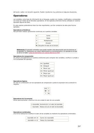 del bucle o saltar a la iteración siguiente. Pueden resultarnos muy prácticas en algunas situaciones.
Operadores
Las variables, como base de información de un lenguaje, pueden ser creadas, modificadas y comparadas
con otras por medio de los llamados operadores. En los capítulos anteriores hemos utilizado en nuestros
ejemplos algunos de ellos.
En este capítulo pretendemos listar los más importantes y así dar constancia de ellos para futuros
ejemplos.
Operadores aritméticos
Nos permiten realizar operaciones numéricas con nuestras variables
+ Suma
- Resta
* Multiplicación
/ División
% Devuelve el resto de la división
Referencia: El operador aritmético que puede resultar más desconocido para los lectores es
el operador %. Explicamos con mayor detenimiento su funcionamiento y un ejemplo en el que
es útil en el taller: Listas de elementos con colores alternos en PHP.
Operadores de comparación
Se utilizan principalmente en nuestras condiciones para comparar dos variables y verificar si cumple o
no la propiedad del operador.
== Igualdad
!= Desigual
< Menor que
<= Menor igual que
> Mayor que
>= Mayor igual que
Operadores lógicos
Se usan en combinación con los operadores de comparación cuando la expresión de la condición lo
requiere.
And Y
Or O
! No
Operadores de incremento
Sirven para aumentar o disminuir de una unidad el valor de una variable
++$variable Aumenta de 1 el valor de $variable
--$variable Reduce de uno el valor de $variable
Operadores combinados
Una forma habitual de modificar el valor de las variables es mediante los operadores combinados:
$variable += 10 Suma 10 a $variable
$variable -= 10 Resta 10 a $variable
207
 