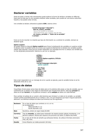 Declarar variables
Antes de pasar a temas más interesantes queda explicar la forma de declarar variables en VBScript.
Hace poco se dijo que no era necesario declarar estas variables, pero puede ser una buena costumbre
hacerlo y nos puede evitar errores.
Una variable se declara utilizando la palabra DIM, veamos cómo:
<script language="vbscript">
dim mi_nueva_variable
'Ahora ya existe la variable
'Seguidamente voy a hacer uso de ella
mi_nueva_variable = "Valor de la variable"
</script>
Como se ha de recordar no importa que tipo de información va a contener la variable, siempre se
declaran igual.
Option explicit
Se puede utilizar la clausula Option explicit para forzar la declaración de variables en nuestros scripts.
Si deseas evitar la posible fuente de errores que supone la libertad de no declarar las variables puedes
utilizar esta clausula y hará que tus scripts respondan con mensajes de error si utilizas una variable que
no has declarado previamente. Veamos su uso con un ejemplo:
<HTML>
<HEAD>
<TITLE>Option explicit</TITLE>
</HEAD>
<BODY>
<script language=vbscript>
option explicit
dim Pepe
pepe = 3
tomas = 87
</script>
</BODY>
</HTML>
Este script responderá con un mensaje de error cuando se ejecute, pues la variable tomas no se ha
declarado antes de su uso.
Tipos de datos
Visual Basic Script posee varios tipos de datos pero en la práctica sólo posee un tipo de variable, que va
cambiando de un estado a otro según la información que introducimos dentro. Este tipo principal de
datos es el tipo Variant, en él podemos introducir varios subtipos de datos con total libertad.
Para cambiar el subtipo de un variant, sólo tenemos que introducir un dato en la variable. La variable
variant cambia automáticamente de un subtipo a otro, sin que tengamos que hacer ninguna operación
adicional. Los distintos subtipos de datos que tenemos son los siguientes:
Booleano Es un tipo de datos que contiene un si o un no.
se corresponden:
TRUE equivale a (-1)
FALSE equivale a (0)
Byte Numérico, entero sin signo hasta 65.000
Currency Tipo de moneda, se utiliza para manipular de manera exacta valores monetarios, y en
general cualquier cálculo que requiera una precisión de hasta 15 dígitos decimales
Fecha Es un tipo de 64 bits de tamaño que almacena fechas. Se utiliza el formato americano:
mes, día, hora.
Double Coma flotante con doble precisión (64 bits)
307
 