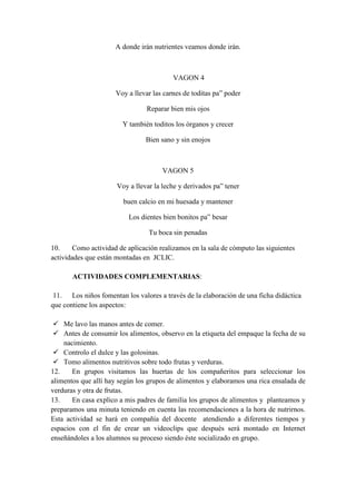 A donde irán nutrientes veamos donde irán.



                                          VAGON 4

                      Voy a llevar las carnes de toditas pa” poder

                                Reparar bien mis ojos

                        Y también toditos los órganos y crecer

                                Bien sano y sin enojos



                                      VAGON 5

                      Voy a llevar la leche y derivados pa” tener

                        buen calcio en mi huesada y mantener

                          Los dientes bien bonitos pa” besar

                                 Tu boca sin penadas

10.     Como actividad de aplicación realizamos en la sala de cómputo las siguientes
actividades que están montadas en JCLIC.

       ACTIVIDADES COMPLEMENTARIAS:

 11. Los niños fomentan los valores a través de la elaboración de una ficha didáctica
que contiene los aspectos:

    Me lavo las manos antes de comer.
    Antes de consumir los alimentos, observo en la etiqueta del empaque la fecha de su
    nacimiento.
    Controlo el dulce y las golosinas.
    Tomo alimentos nutritivos sobre todo frutas y verduras.
12.    En grupos visitamos las huertas de los compañeritos para seleccionar los
alimentos que allí hay según los grupos de alimentos y elaboramos una rica ensalada de
verduras y otra de frutas.
13.    En casa explico a mis padres de familia los grupos de alimentos y planteamos y
preparamos una minuta teniendo en cuenta las recomendaciones a la hora de nutrirnos.
Esta actividad se hará en compañía del docente atendiendo a diferentes tiempos y
espacios con el fin de crear un videoclips que después será montado en Internet
enseñándoles a los alumnos su proceso siendo éste socializado en grupo.
 