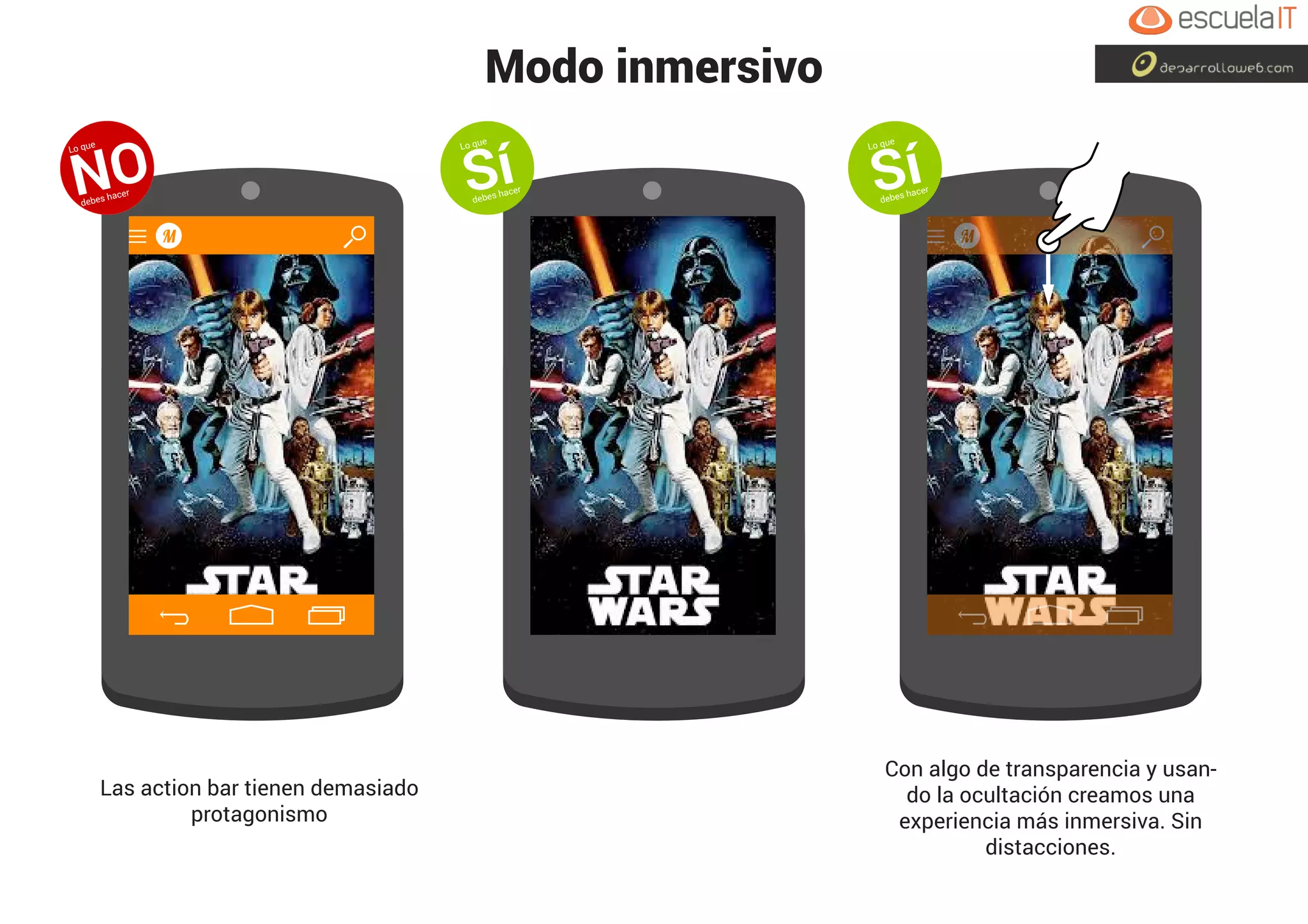 Modo inmersivo
Las action bar tienen demasiado
protagonismo
Con algo de transparencia y usan-
do la ocultación creamos una
experiencia más inmersiva. Sin
distacciones.
M M
Lo que
NOdebes hacer
Lo que
Sídebes hacer
Lo que
Sídebes hacer
 