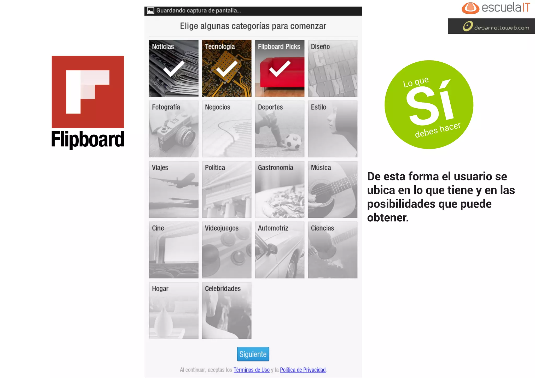 De esta forma el usuario se
ubica en lo que tiene y en las
posibilidades que puede
obtener.
Lo que
Sídebes hacer
 