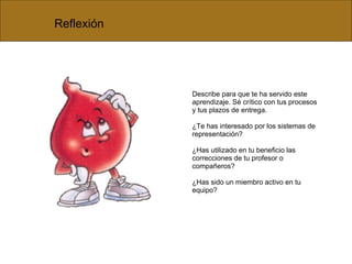 Reflexión Describe para que te ha servido este aprendizaje. Sé crítico con tus procesos y tus plazos de entrega. ¿Te has interesado por los sistemas de representación? ¿Has utilizado en tu beneficio las correcciones de tu profesor o compañeros? ¿Has sido un miembro activo en tu equipo? 