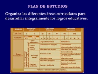 PLAN DE ESTUDIOS Organiza las diferentes áreas curriculares para desarrollar integralmente los logros educativos. 