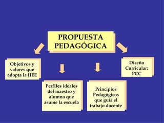 Objetivos y valores que adopta la IIEE Perfiles ideales del maestro y alumno que asume la escuela Principios Pedagógicos que guía el trabajo docente Diseño Curricular: PCC PROPUESTA PEDAGÓGICA 