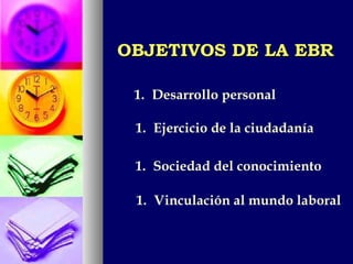 OBJETIVOS DE LA EBR Desarrollo personal Ejercicio de la ciudadanía Sociedad del conocimiento Vinculación al mundo laboral 