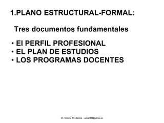 1.PLANO ESTRUCTURAL-FORMAL:    Tres documentos fundamentales El PERFIL PROFESIONAL EL PLAN DE ESTUDIOS LOS PROGRAMAS DOCENTES 