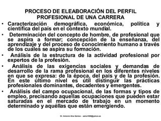 PROCESO DE ELEABORACIÓN DEL PERFIL PROFESIONAL DE UNA CARRERA Caracterización demográfica, económica, política y científica del país en el contexto mundial. Determinación del concepto de hombre, de profesional que se aspira a formar; concepción de la enseñanza, del aprendizaje y del proceso de conocimiento humano a través de los cuales se aspira su formación. Análisis de la estructura de la actividad profesional por expertos de la profesión. Análisis de las exigencias sociales y demandas de desarrollo de la rama profesional en los diferentes niveles en que se expresa: de la época, del país y de la profesión. En este último nivel es útil distinguir las prácticas profesionales dominantes, decadentes y emergentes. Análisis del campo ocupacional, de las formas y tipos de empleo, precisando aquellas ocupaciones que pueden estar saturadas en el mercado de trabajo en un momento determinado y aquéllas que están emergiendo. 