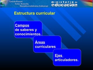Estructura curricular

Campos
de saberes y
conocimientos.

          Áreas
          curriculares

                     Ejes
                     articuladores.
 